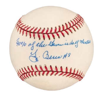 Yogi Berra Signed American League Baseball Inscribed "90% of the Game Is Half Mental"